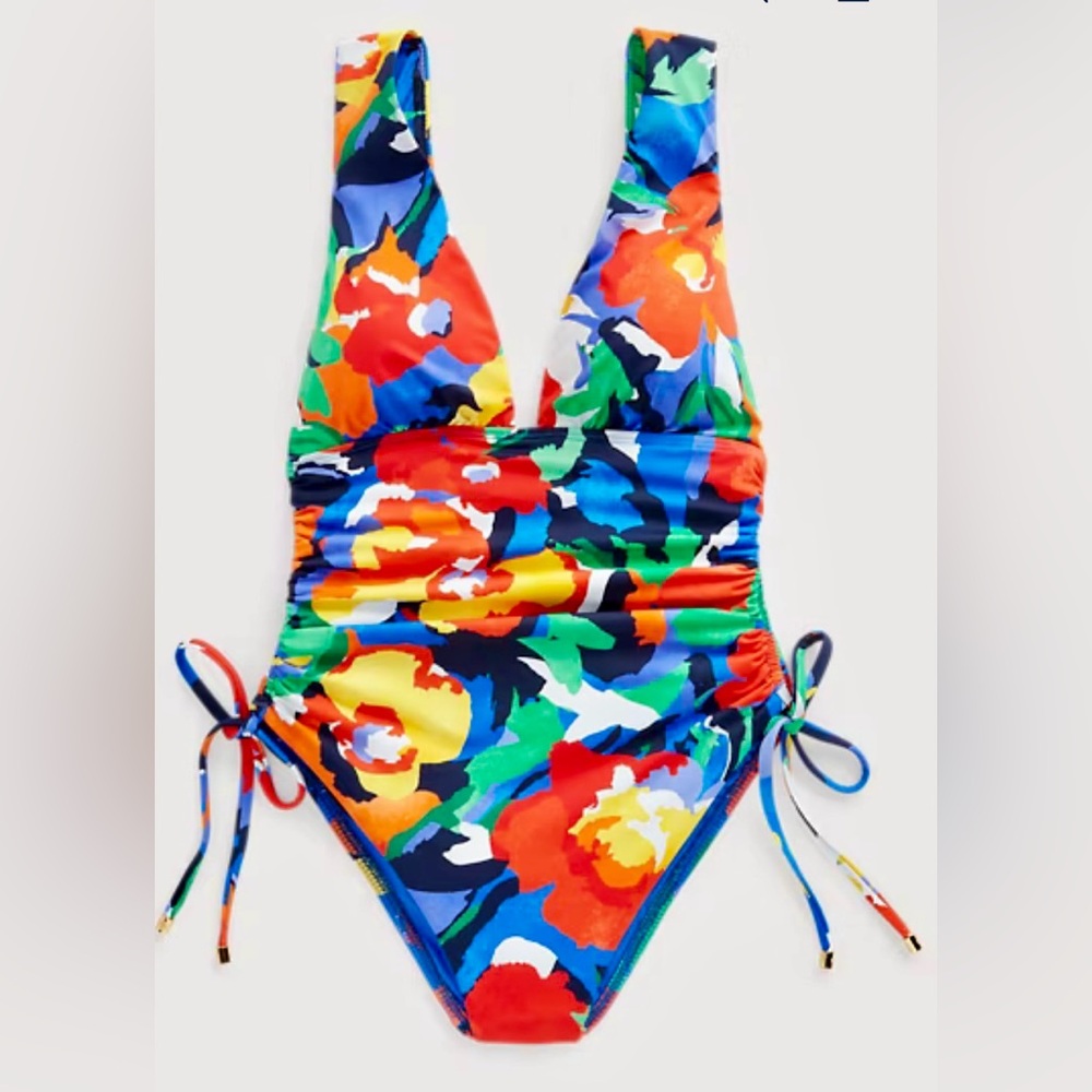 LRL Lauren Ralph Lauren Floral Shirred Plunge One Piece Swimsuit - Picture 7 of 9
